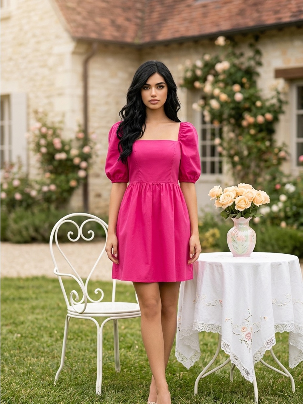 Copper Key Hot Pink Square Neck Puff Sleeve Mini Dress